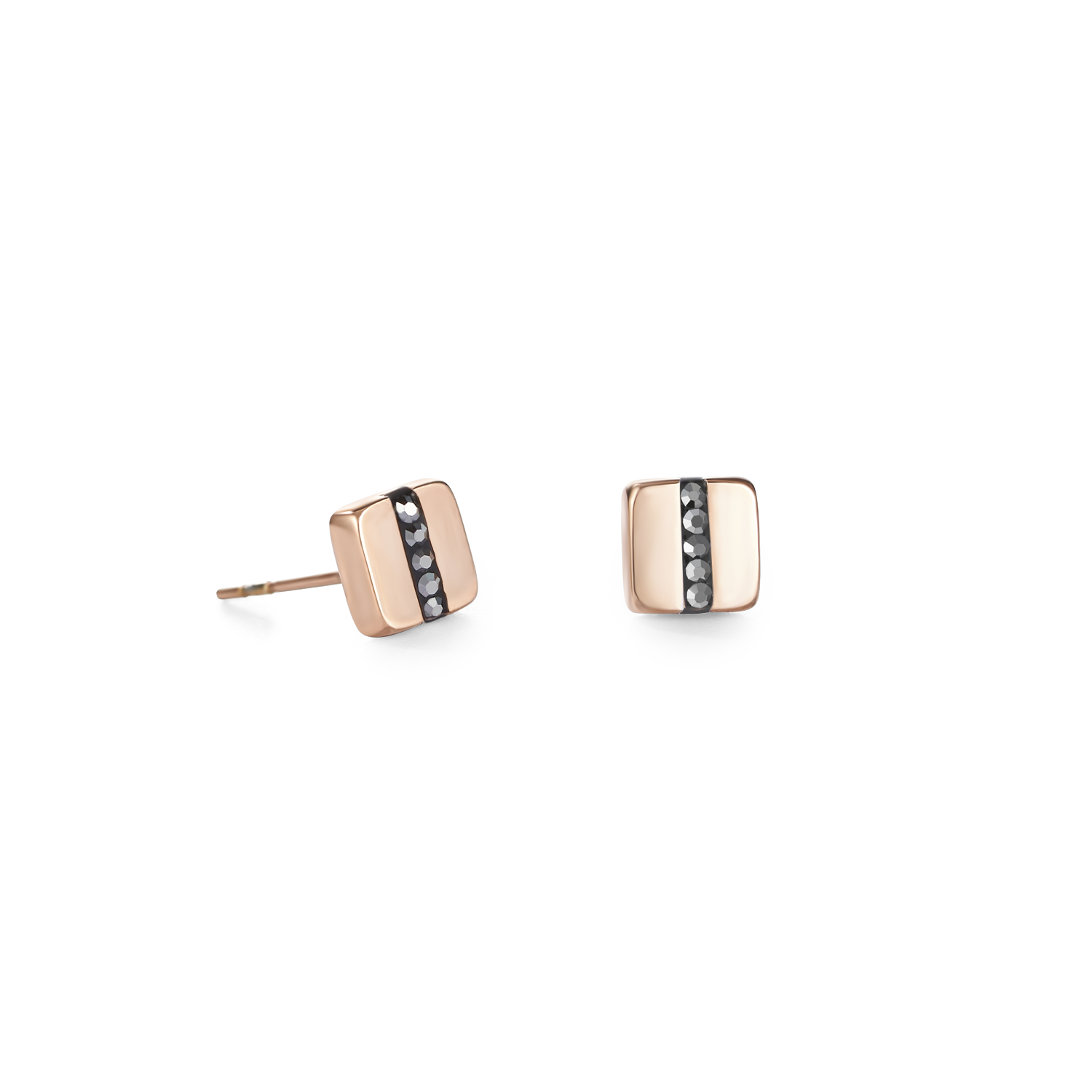 Earrings stainless steel square rose gold & crystals pavé strip anthracite