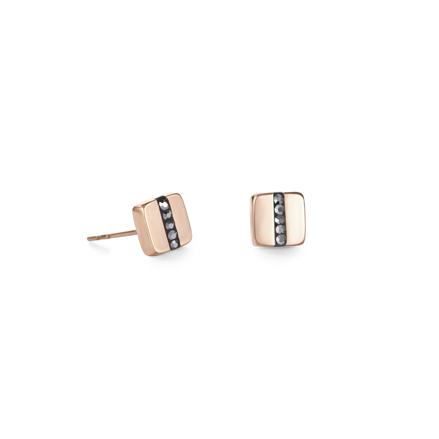 Earrings stainless steel square rose gold & crystals pavé strip anthracite