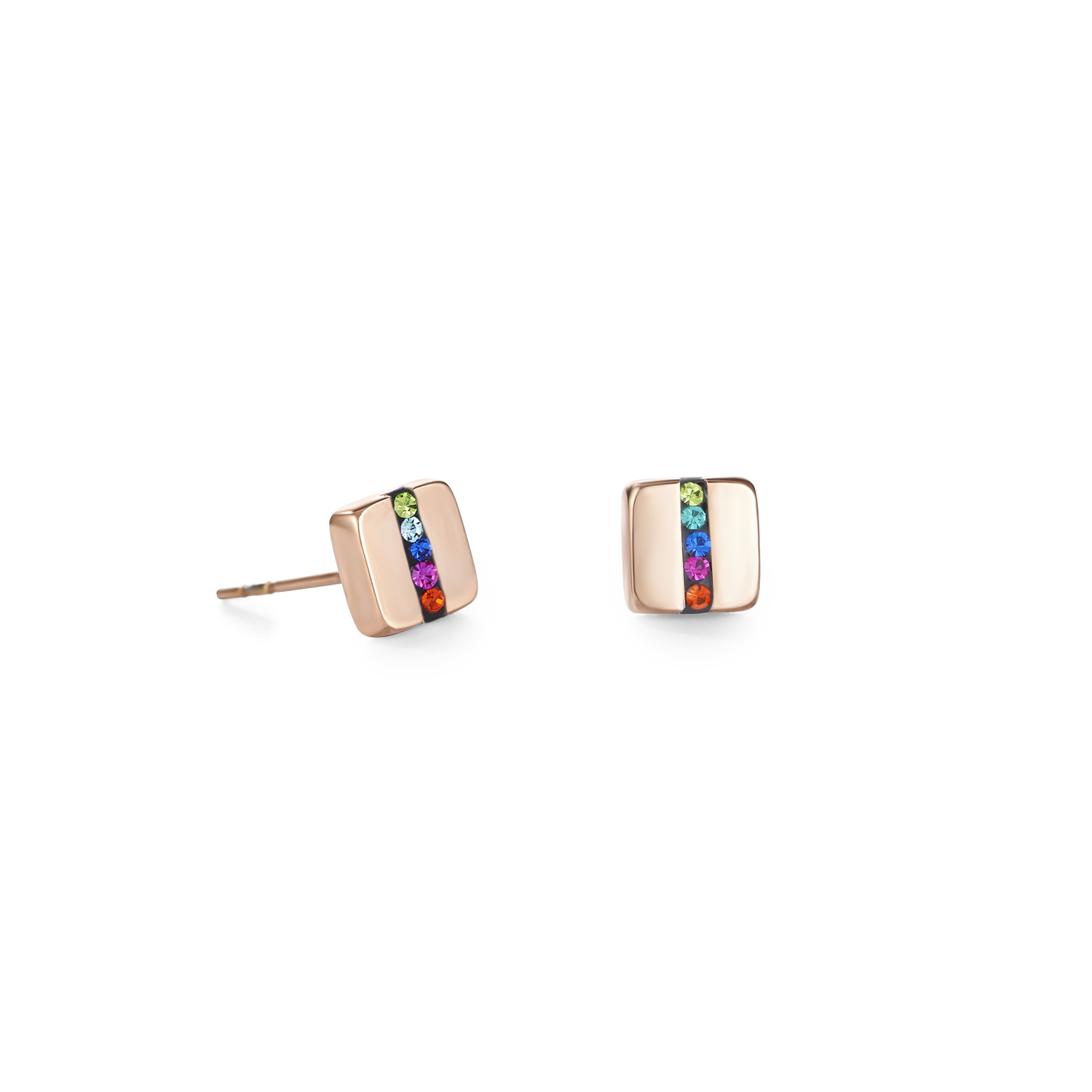 Earrings stainless steel square rose gold & crystals pavé strip multicolour