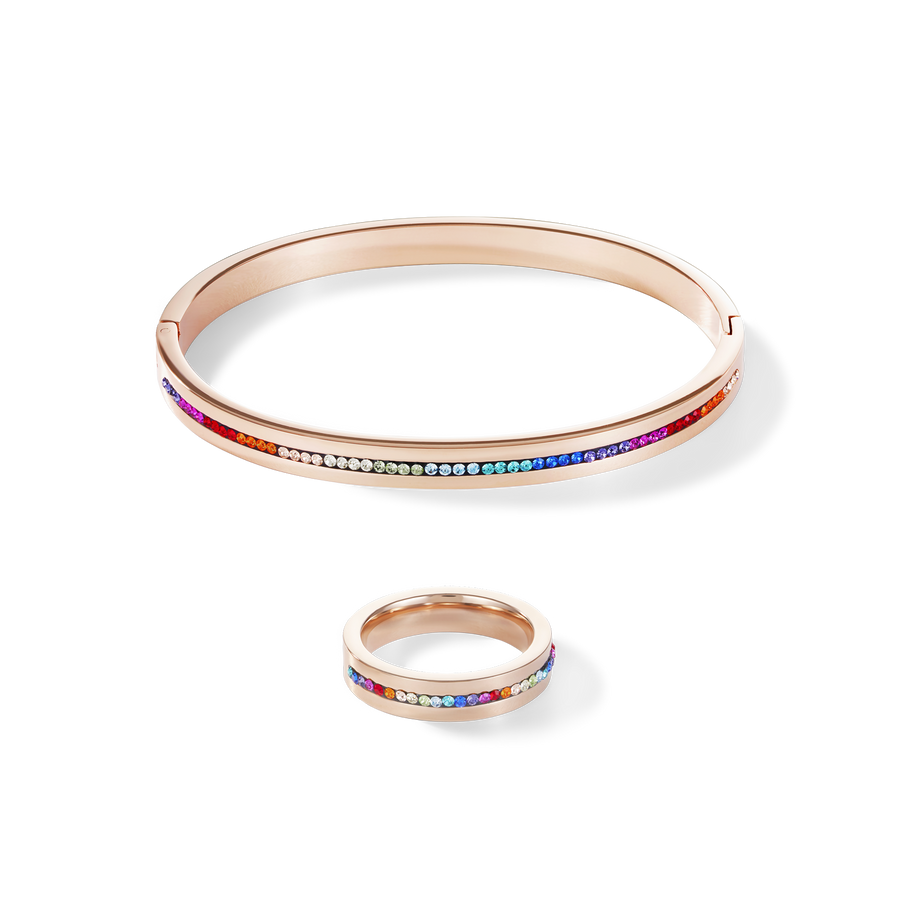Bangle stainless steel rose gold & crystals pavé strip multicolour 19