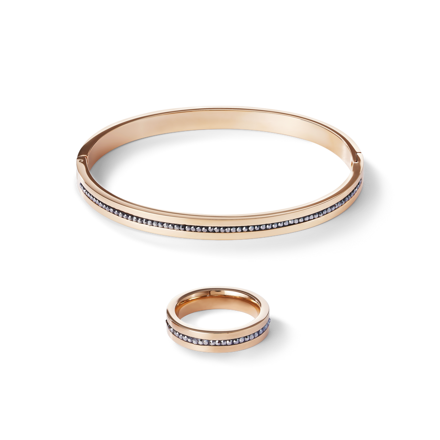 Ring stainless steel rose gold & crystals pavé strip anthracite