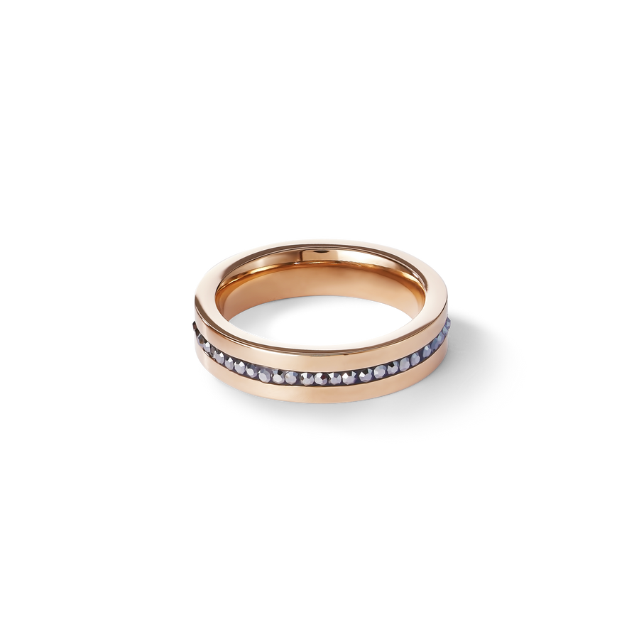 Ring stainless steel rose gold & crystals pavé strip anthracite