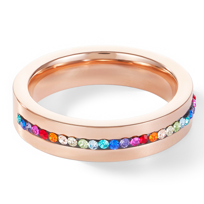 Ring stainless steel rose gold & crystals pavé strip multicolour