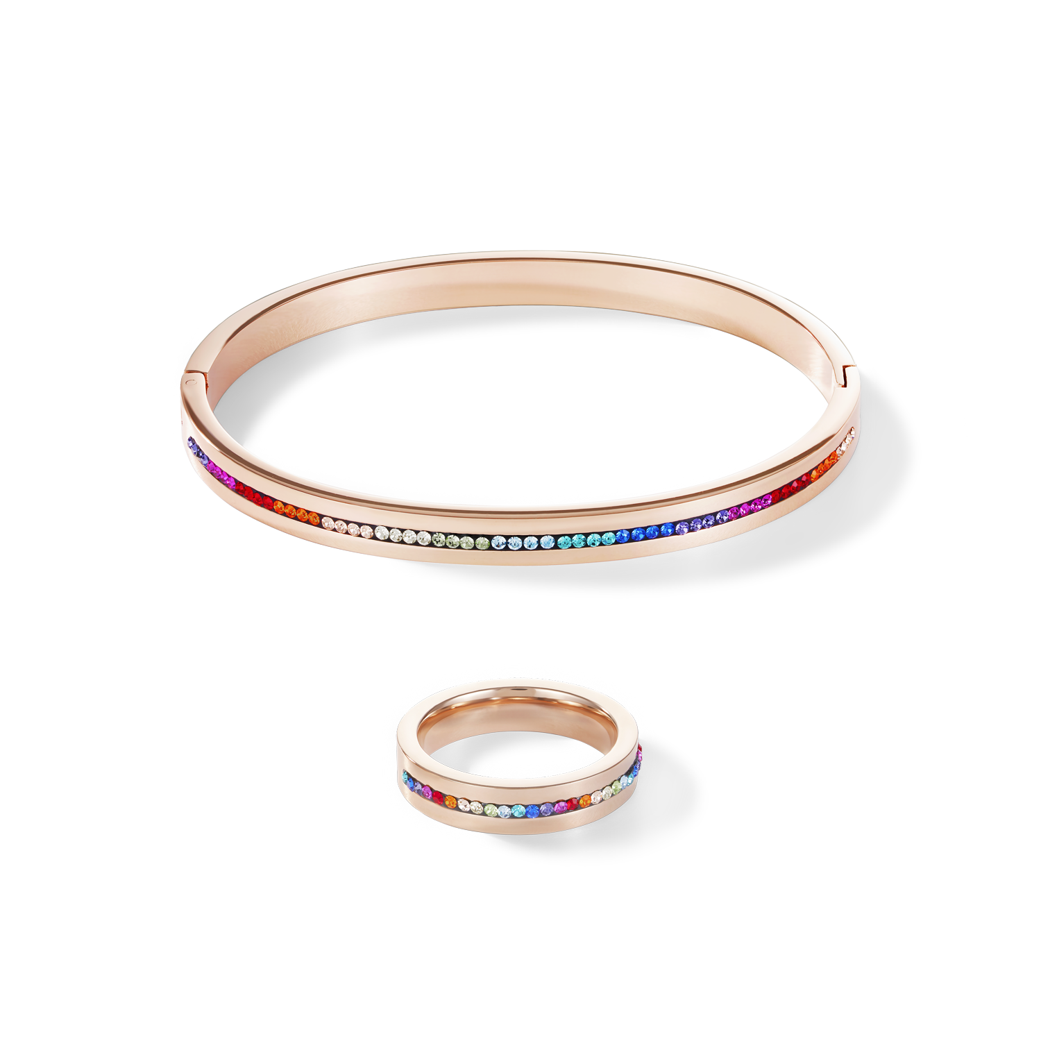 Ring stainless steel rose gold & crystals pavé strip multicolour