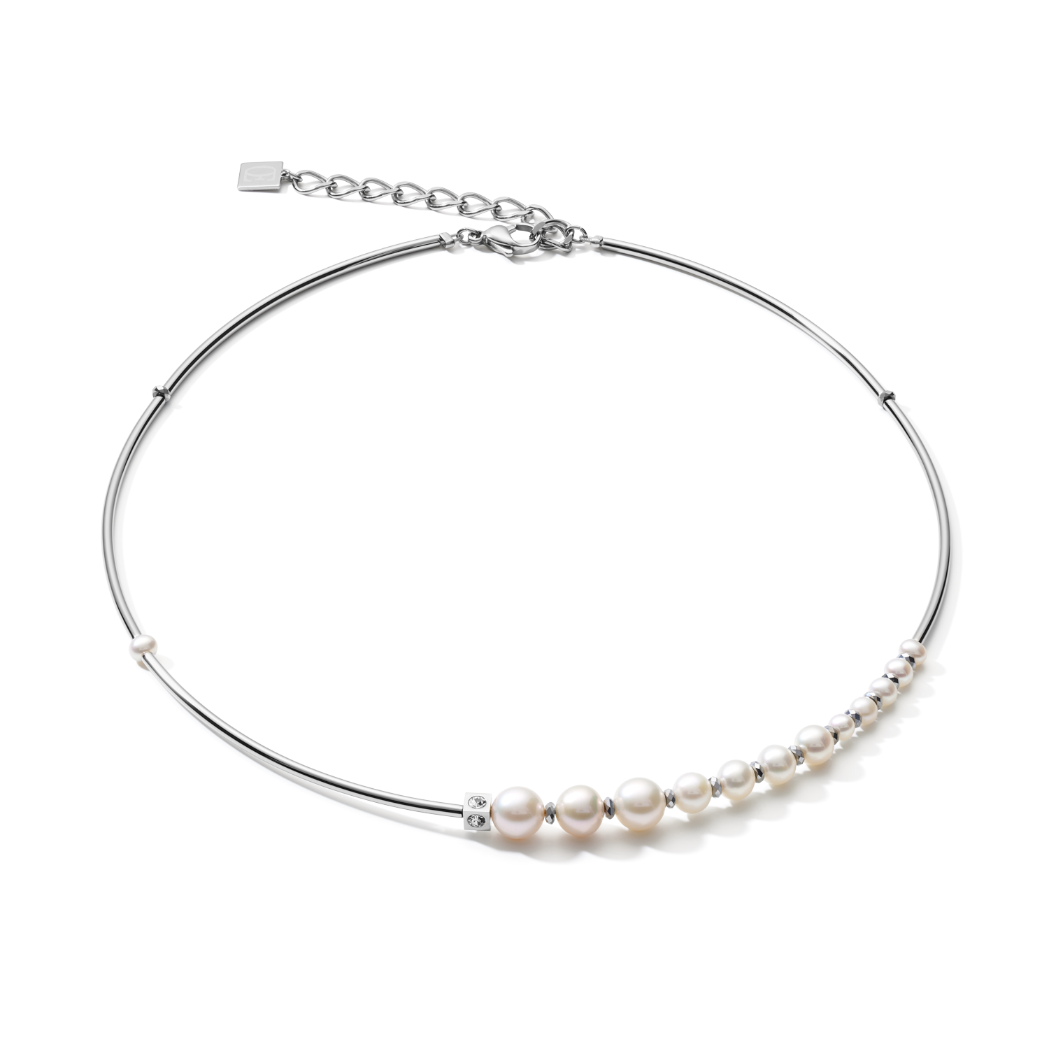 Necklace Asymmetry freshwater pearls & stainless steel white-silver