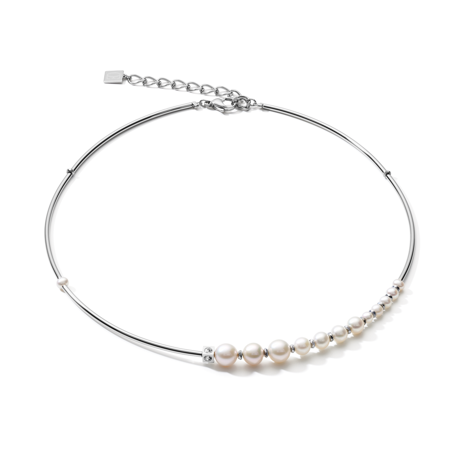 Necklace Asymmetry freshwater pearls & stainless steel white-silver