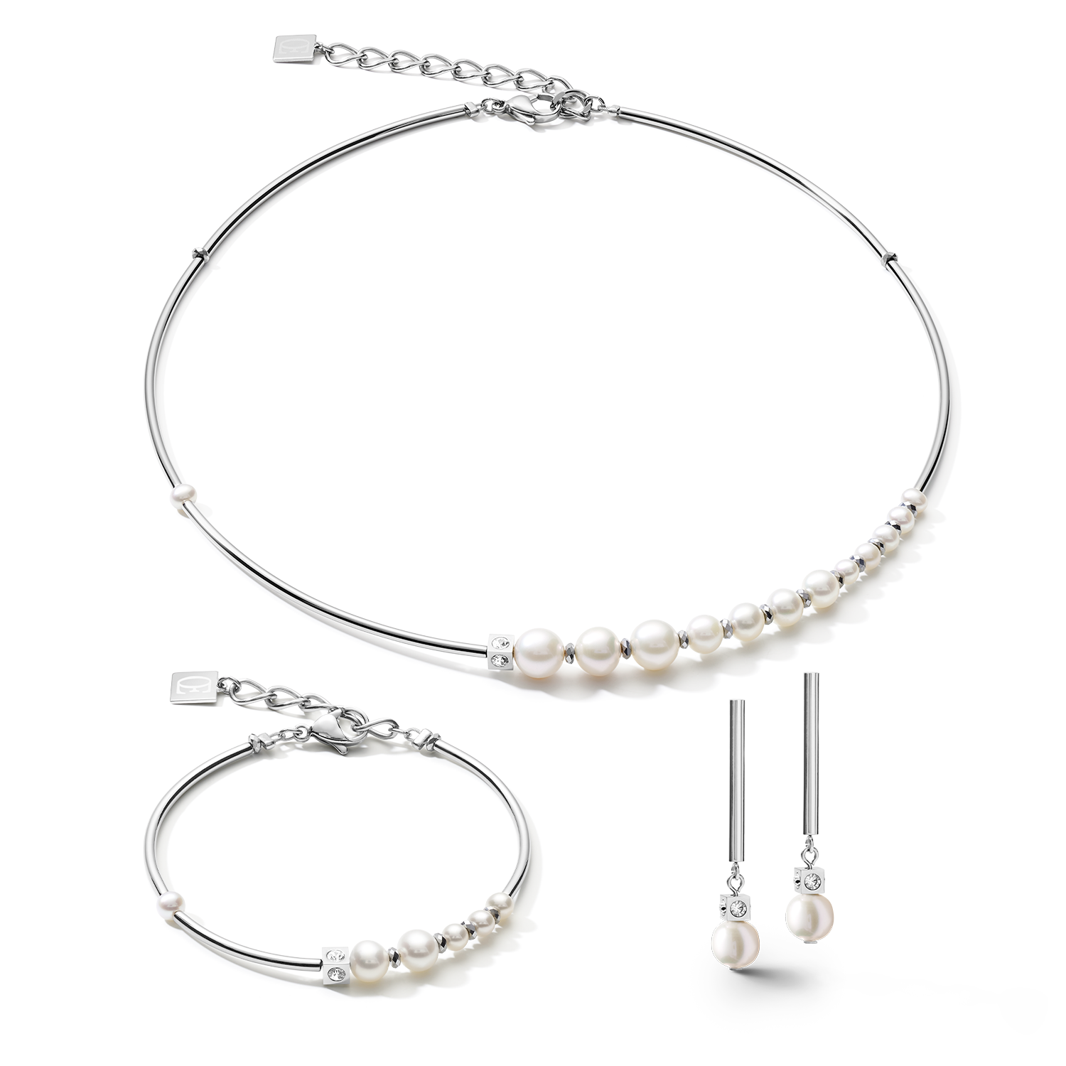 Earrings Asymmetry freshwater pearls & stainless steel white-silver