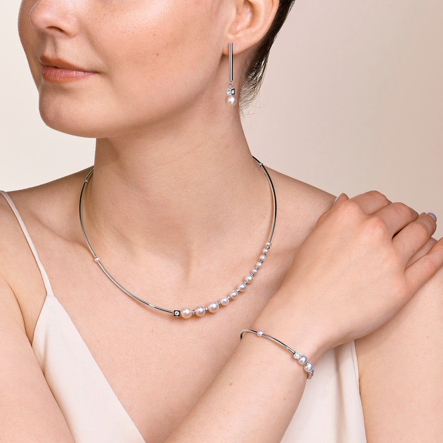 Bracelet Asymmetry freshwater pearls & stainless steel white-silver