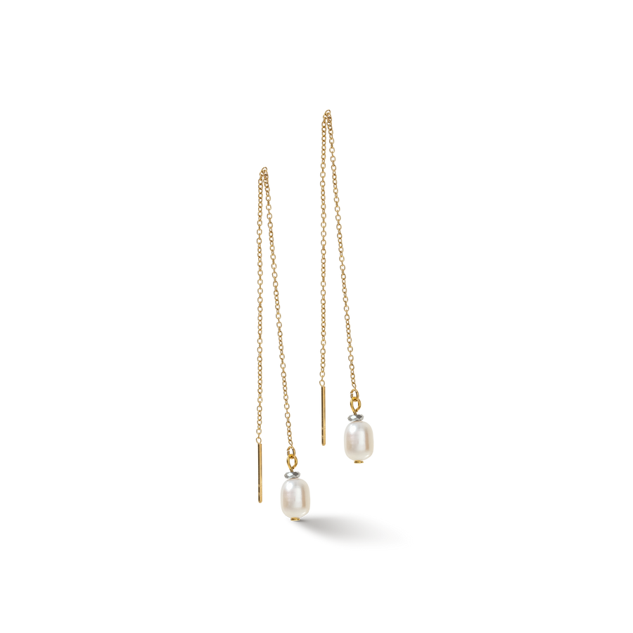 Earrings Y chain & oval Freshwater Pearls gold white