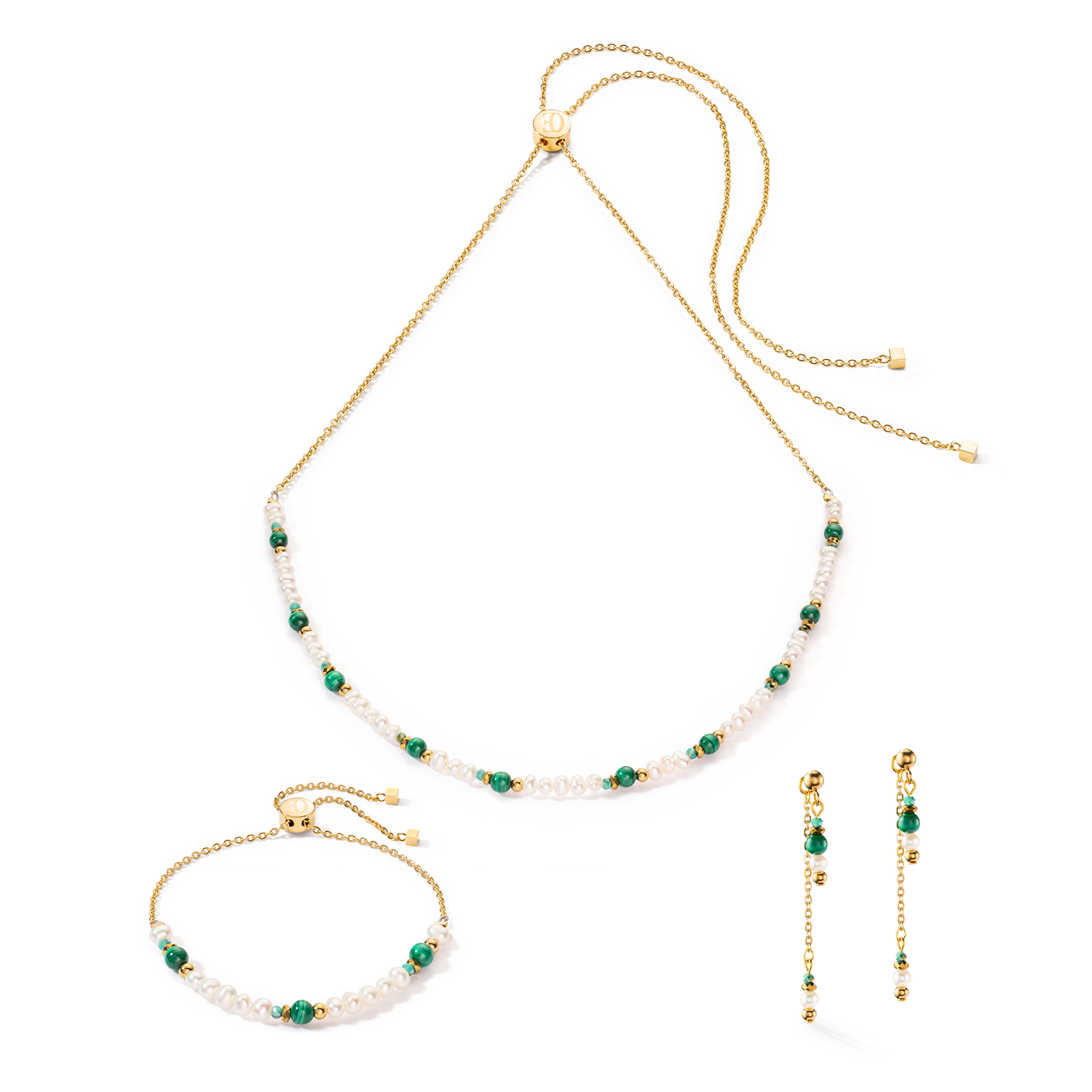 Harmony necklace freshwater pearls malachite & gold