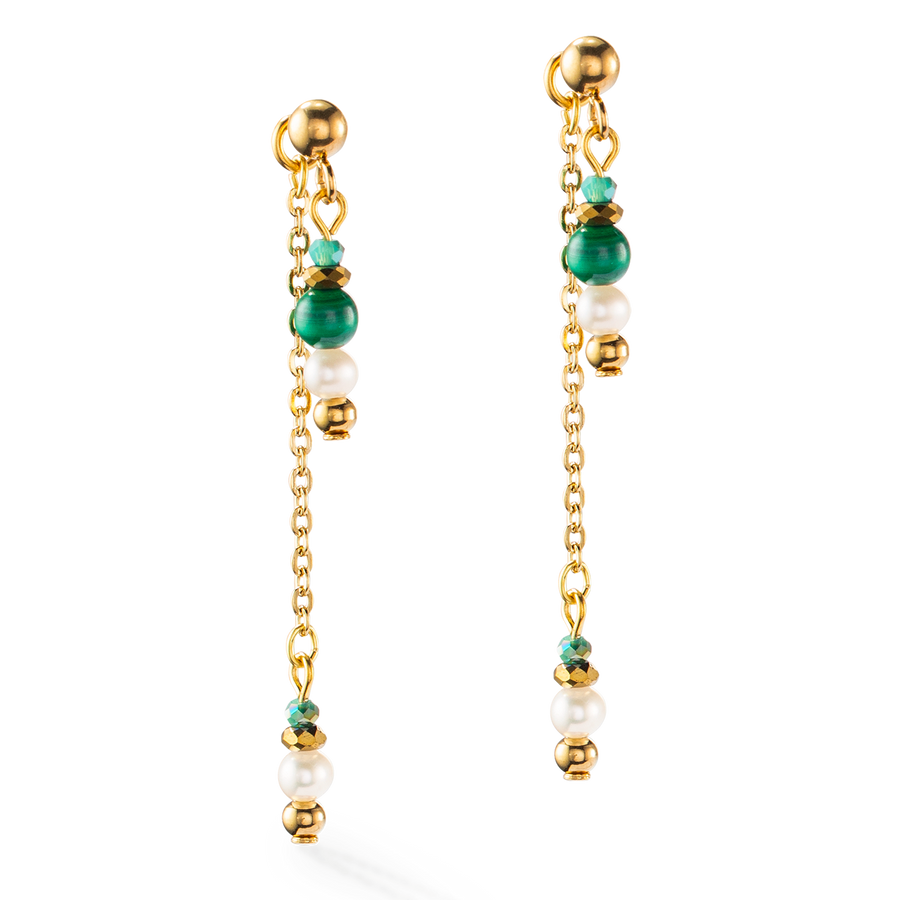 Harmony multiwear earrings freshwater pearls & malachite gold