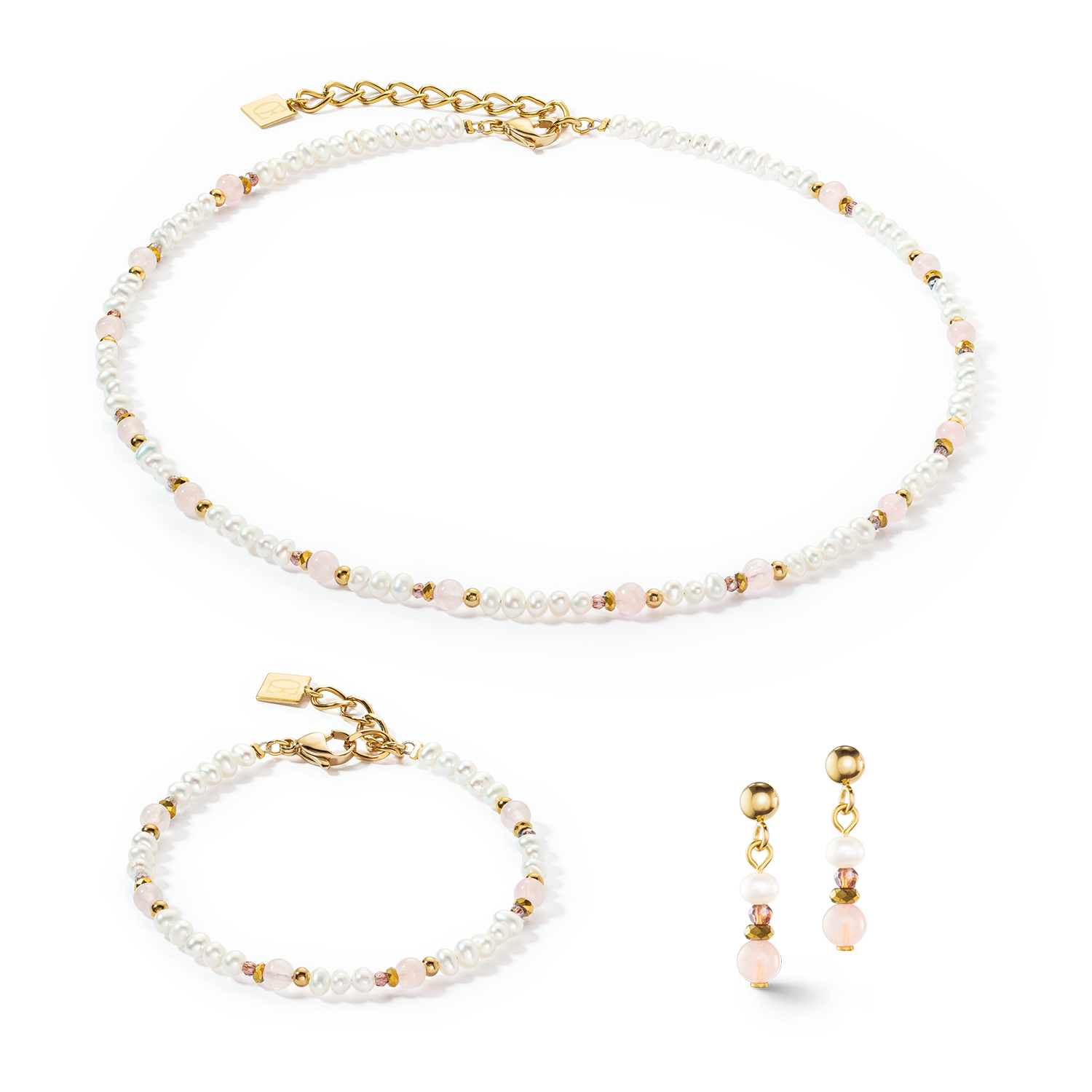 Jewellery Set Romantic Freshwater Pearls & Rose Quartz gold