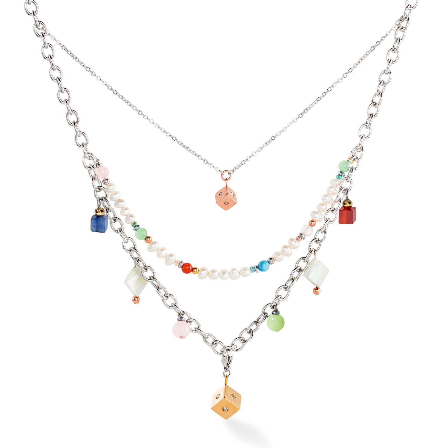 Boho necklace freshwater pearls silver & multicolour