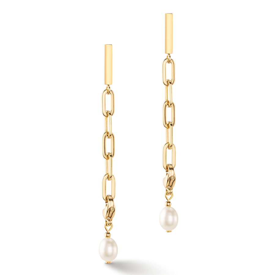 Modern chain earrings with freshwater pearl charms gold