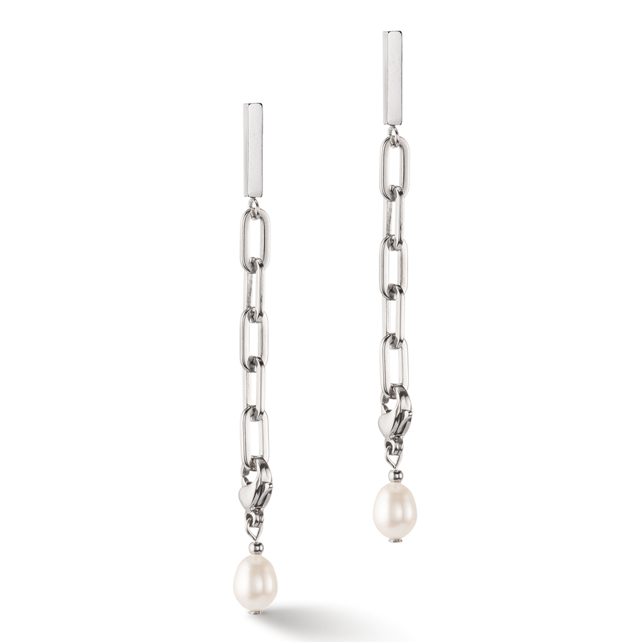 Modern chain earrings with freshwater pearl charms silver