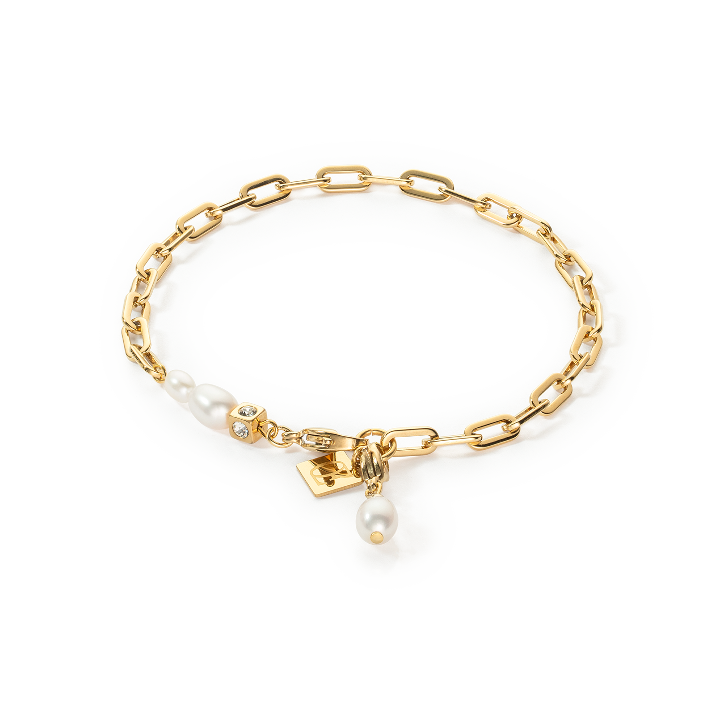 Modern chain bracelet with freshwater pearl charms gold