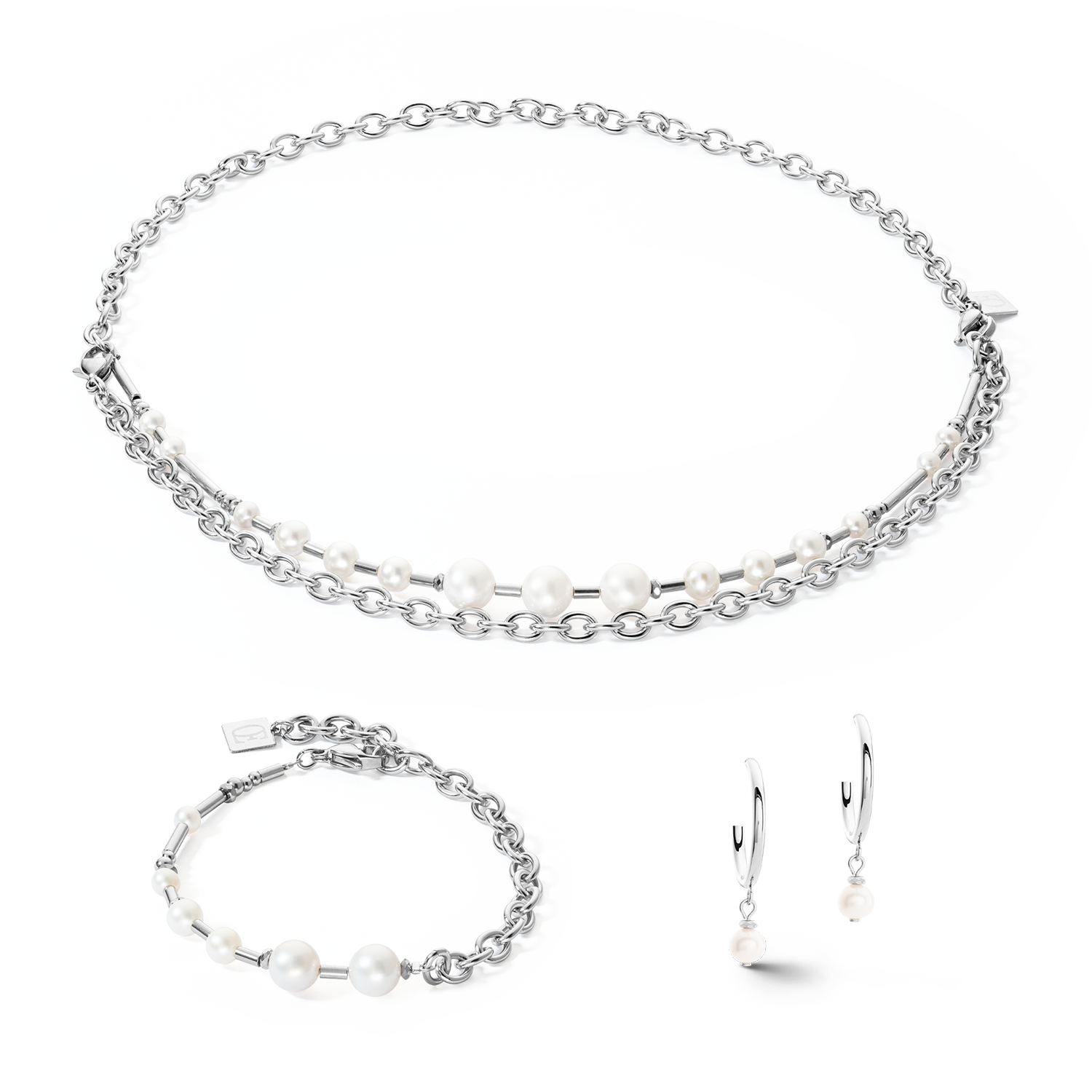 Earrings Creole Freshwater Pearls & chain Multiwear silver