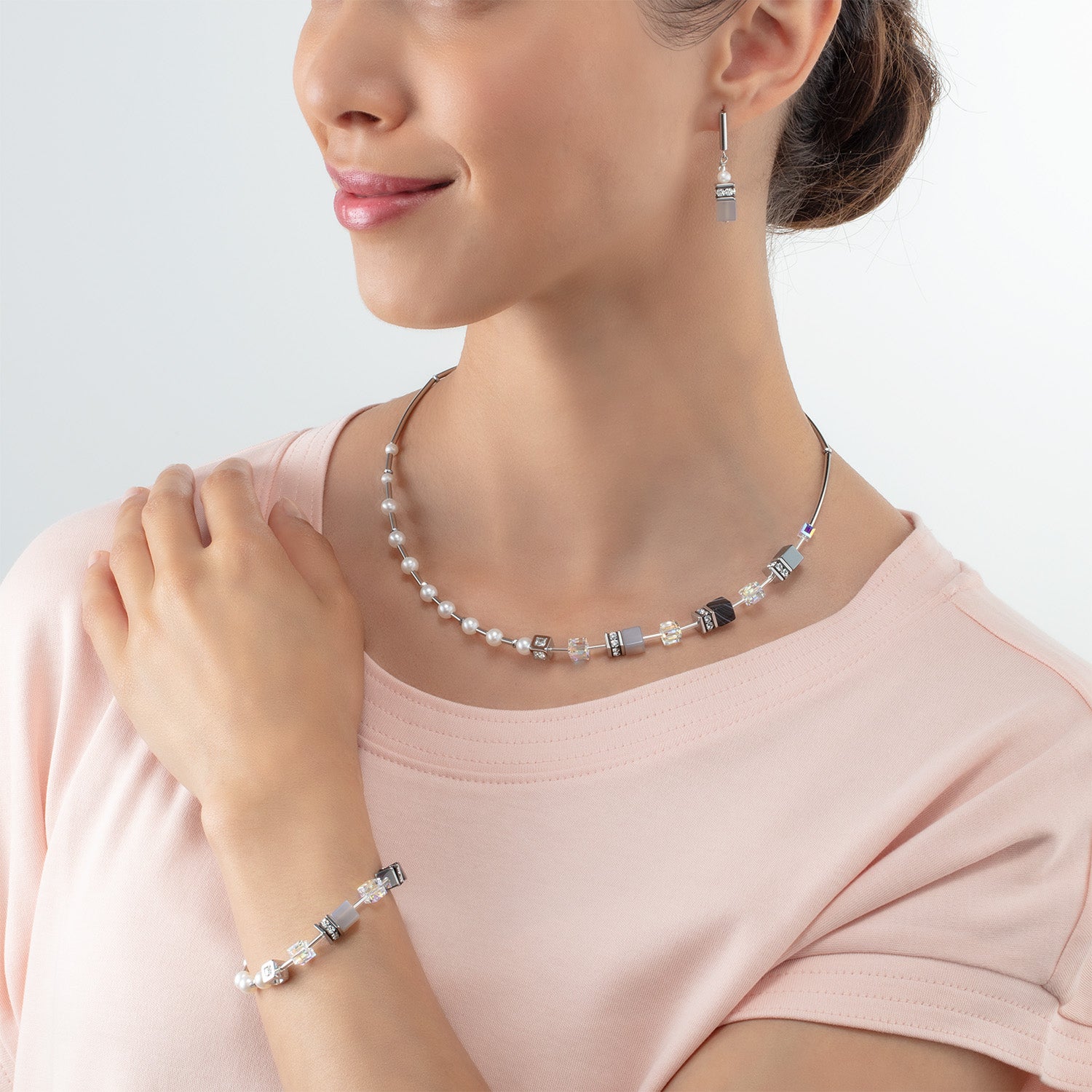 Jewellery set GeoCUBE® Fusion Precious Pearl Mix silver-grey