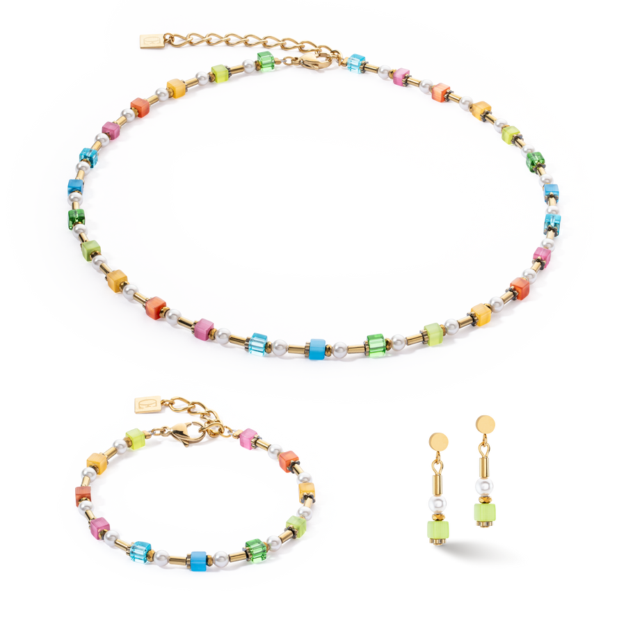 Necklace Mini Cubes & Pearls Mix gold-rainbow