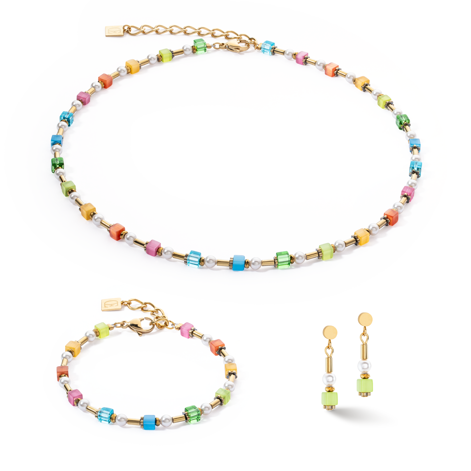 Earrings Mini Cubes & Pearls Mix gold-rainbow