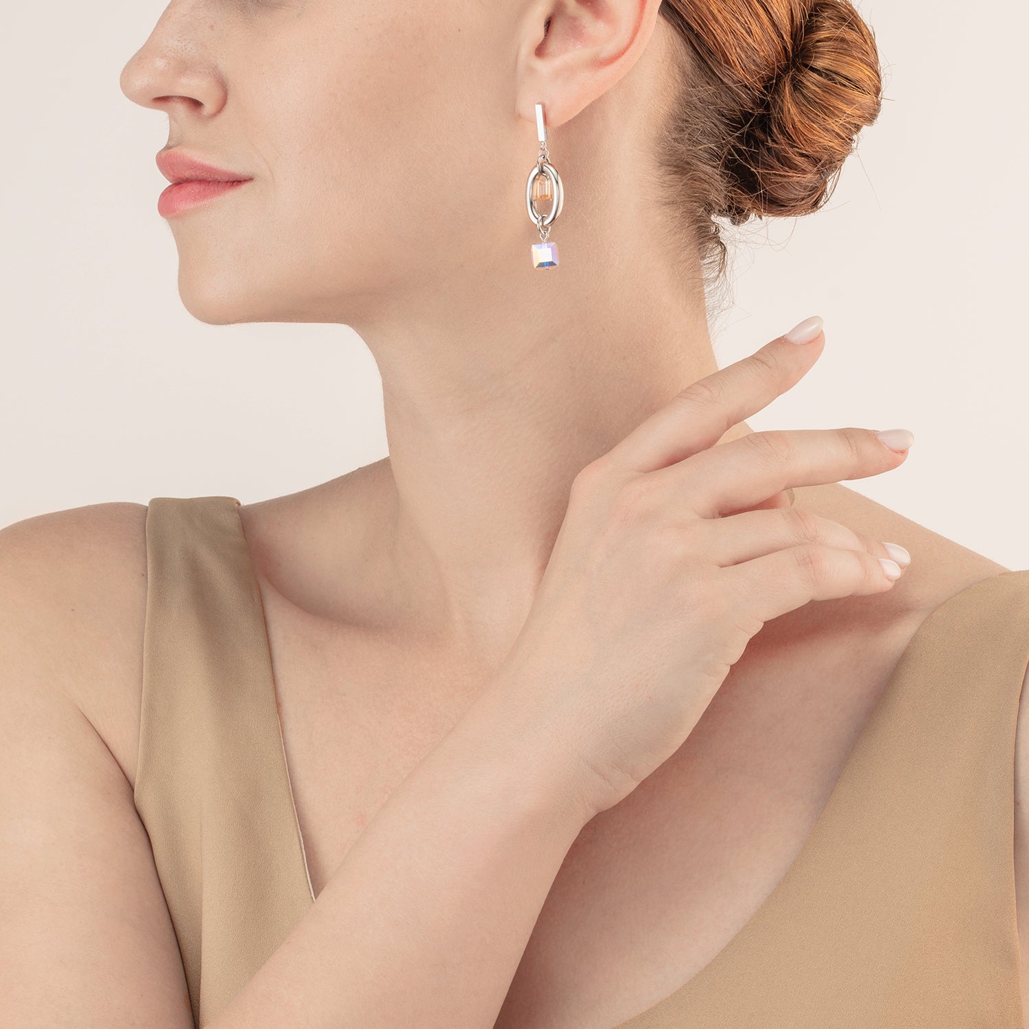 Earrings GeoCUBE® Statement Precious Chunky Chain Multiwear grau-beige