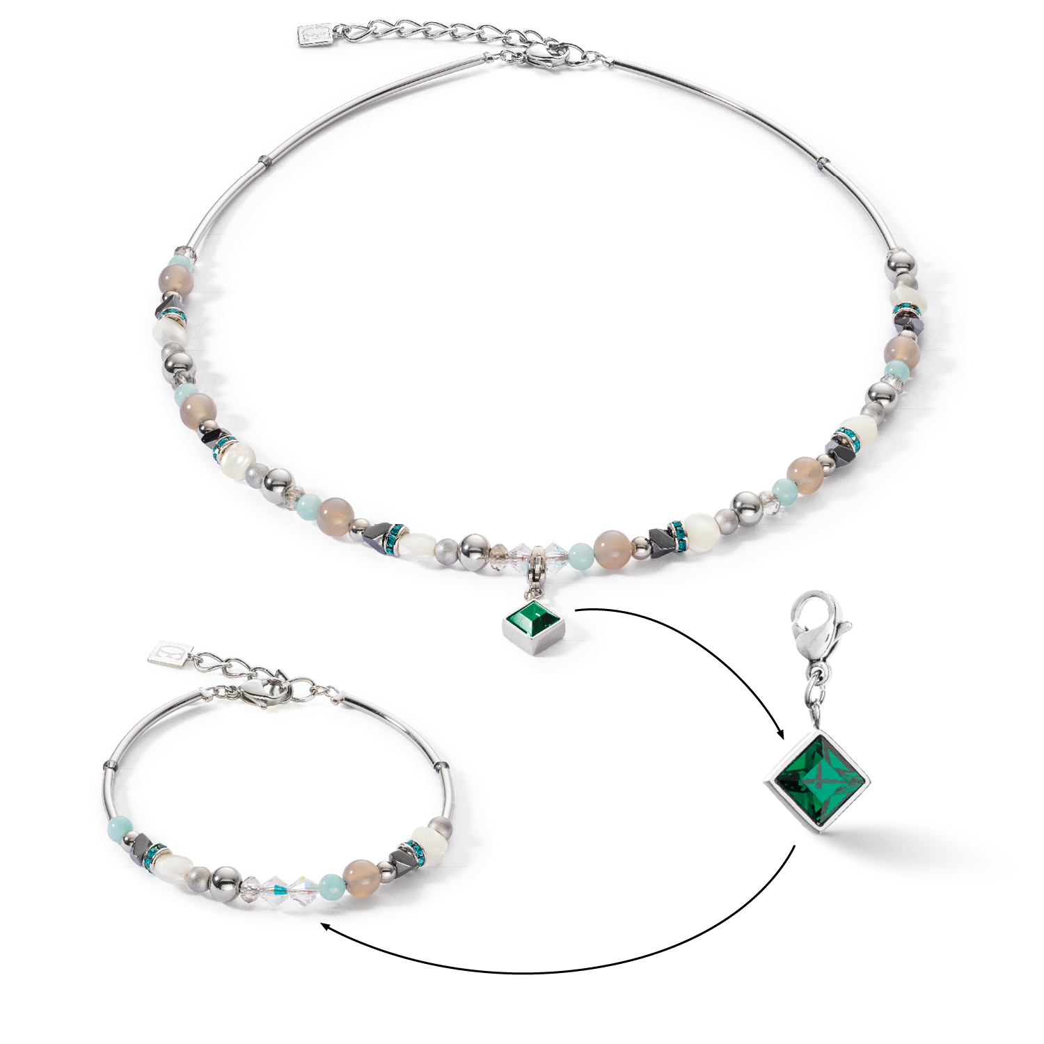 Necklace Brilliant Square interchangeable Pendant Precious dark green