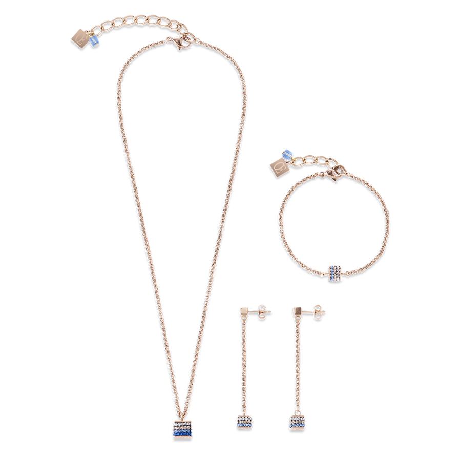Necklace Cube Crystals pavé & stainless steel rose gold & blue