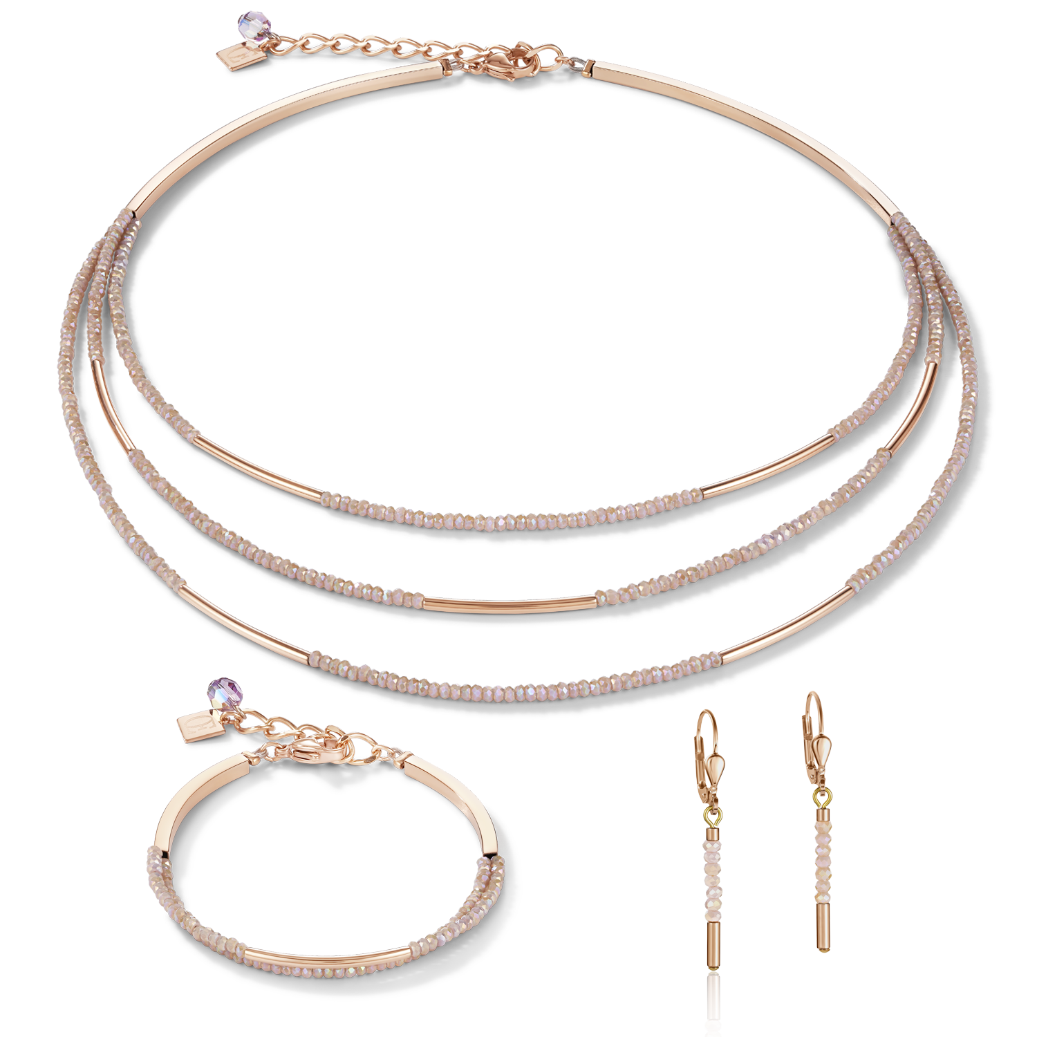 Necklace Waterfall stainless steel rose gold & glass nude