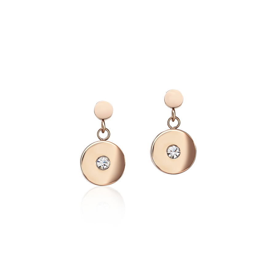 Earrings Coins Stainless steel rose gold, cut glass & Crystals white