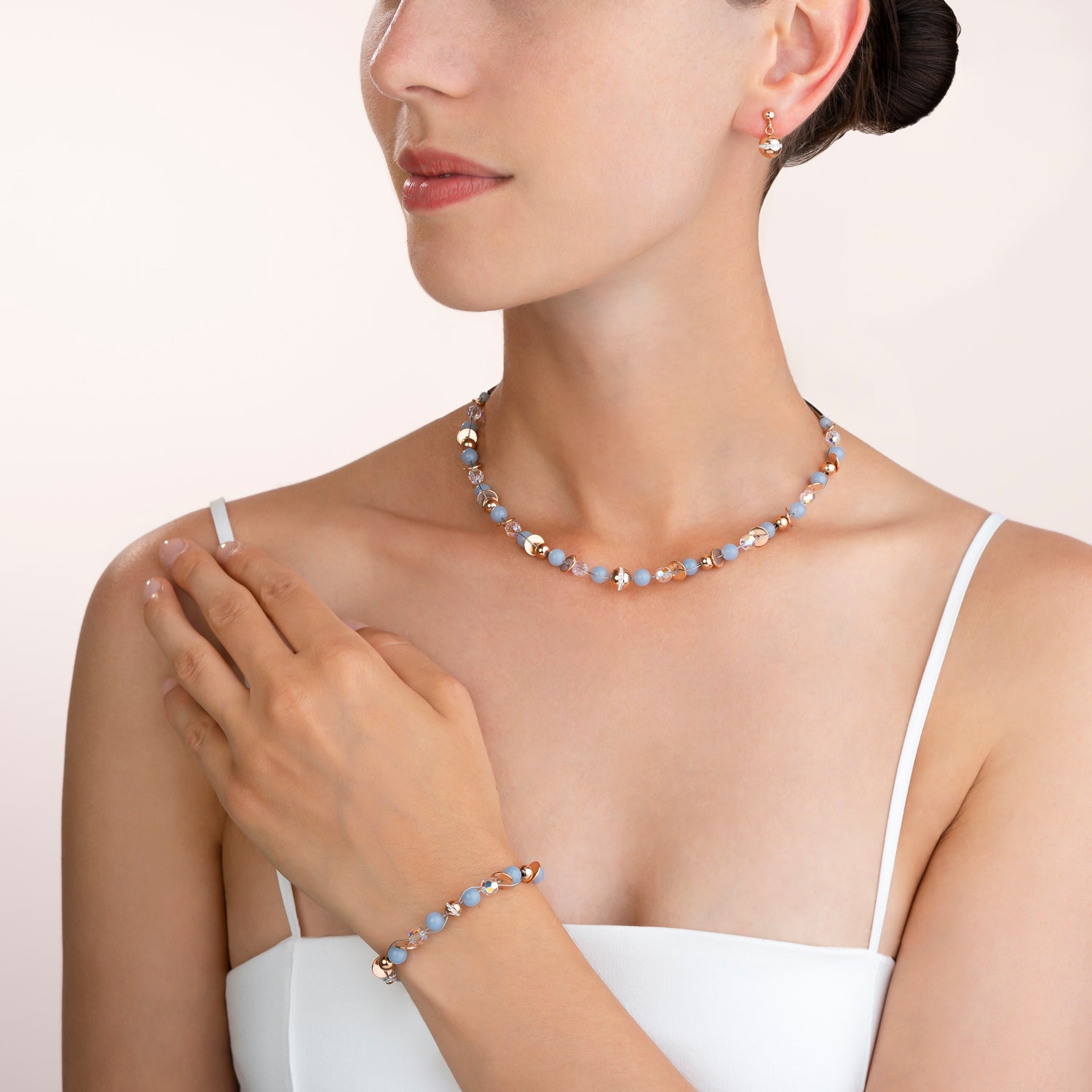 Necklace TwistedPEARLS Angelite & stainless steel rose gold light blue