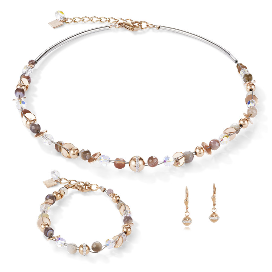 Necklace TwistedPEARLS Botswana agate & stainless steel rose gold beige-grey