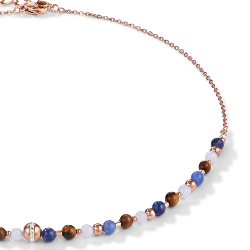Necklace Ball stainless steel rose gold & gemstones blue-brown