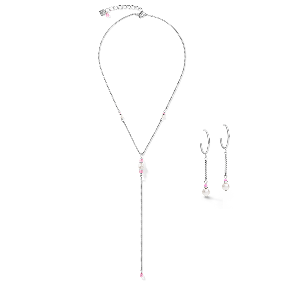 Necklace Ypsilon Chain Crystal Pearl, Crystals & stainless steel silver-rose