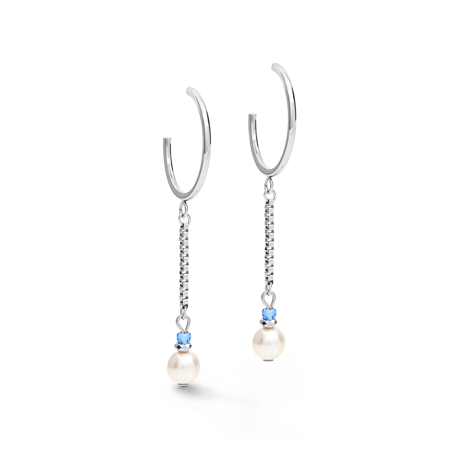 Earrings Creole Ypsilon Chain Crystal Pearl, Crystals & stainless steel silver-light blue