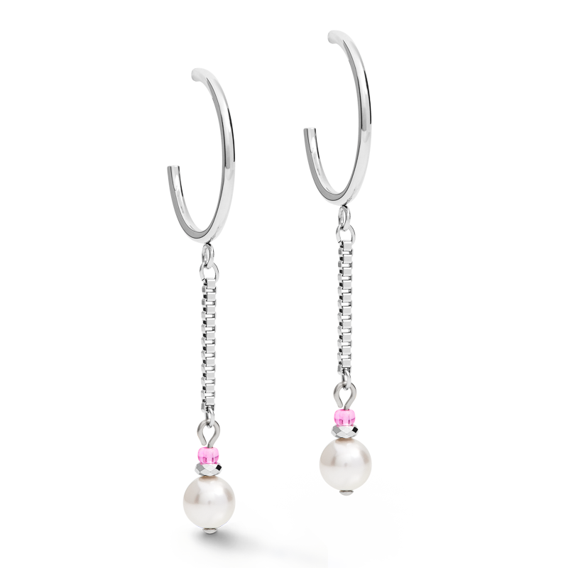 Earrings Creole Ypsilon Chain Crystal Pearl, Crystals & stainless steel silver-rose