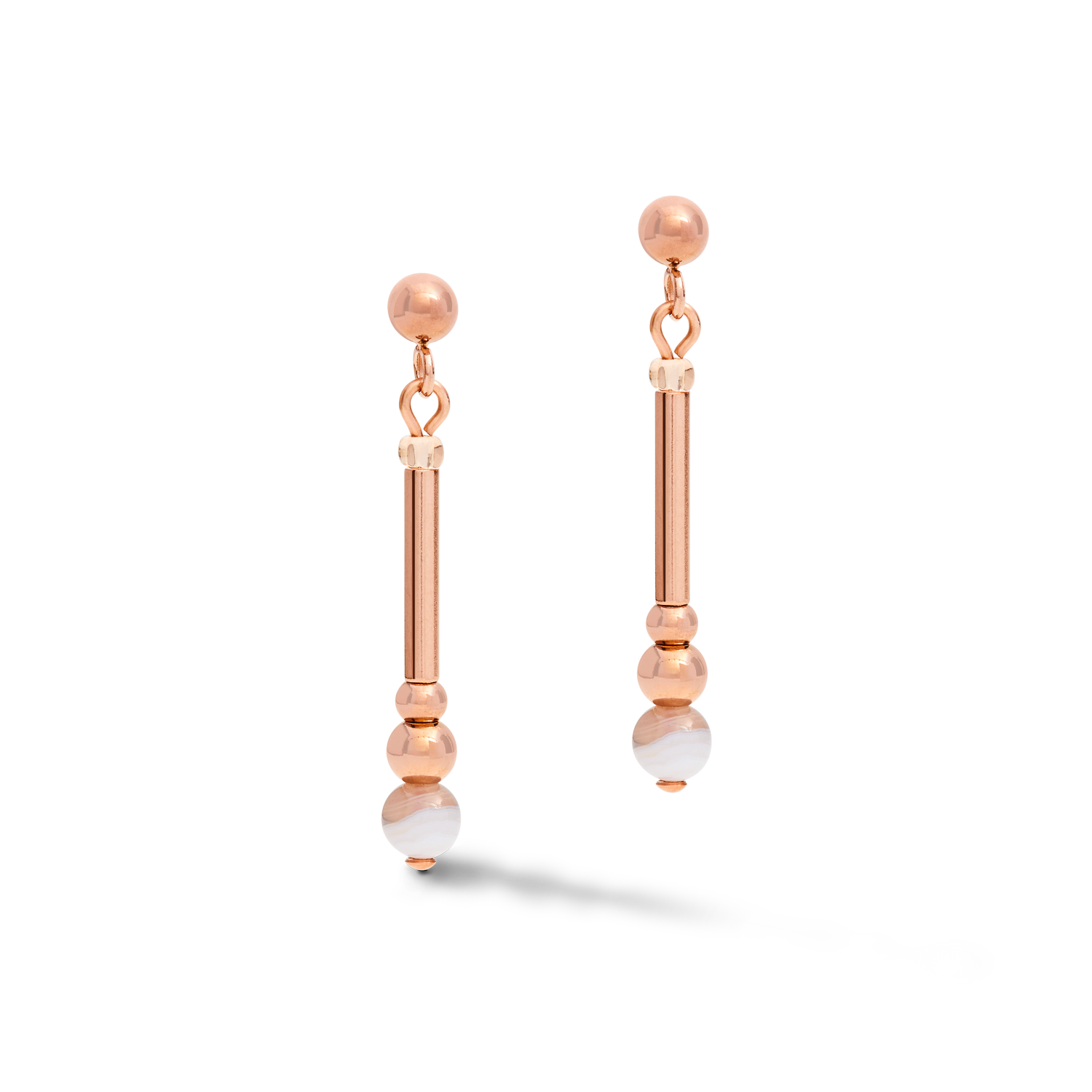 Earrings Y2 Botswana agate spheres, crystals pavé & stainless steel rose gold beige-grey