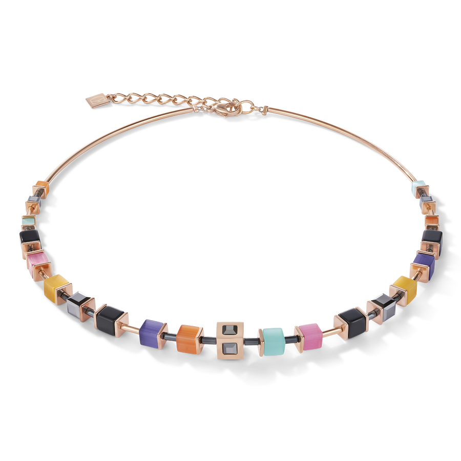 Necklace GeoCUBE® Cube stainless steel rose gold & crystal multicolour couture