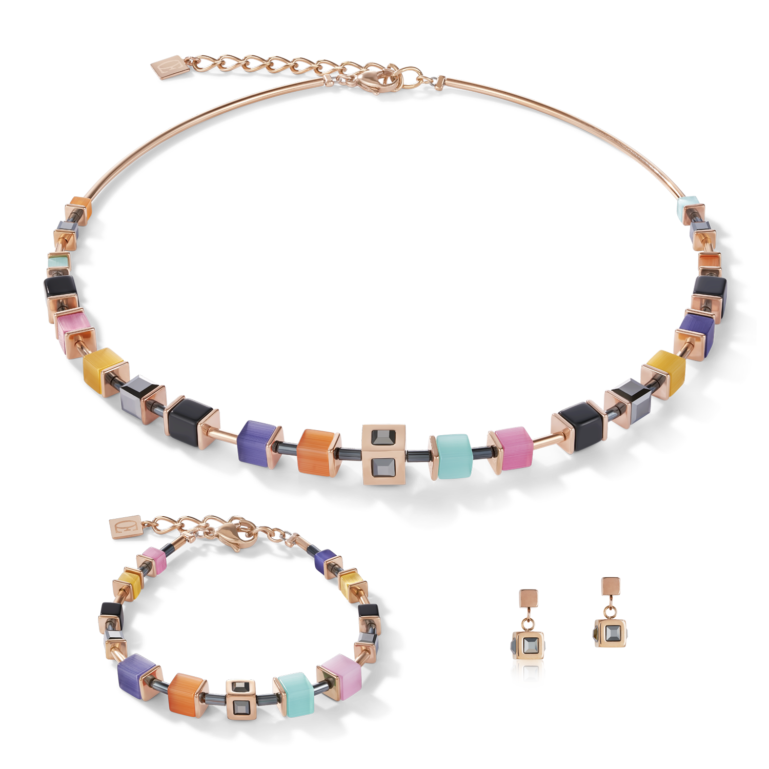 Necklace GeoCUBE® Cube stainless steel rose gold & crystal multicolour couture