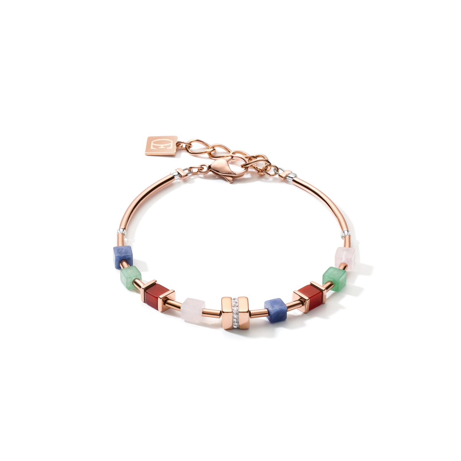 Bracelet GeoCUBE® big cube crystals pavé, gemstones & stainless steel rose gold  multicolor gemstone