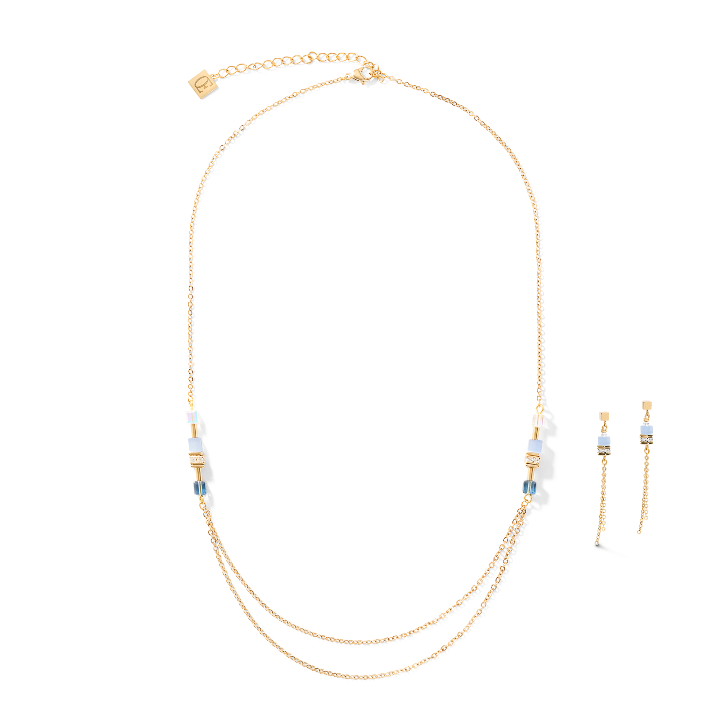 Earrings GeoCUBE® double chain long stainless steel gold-blue