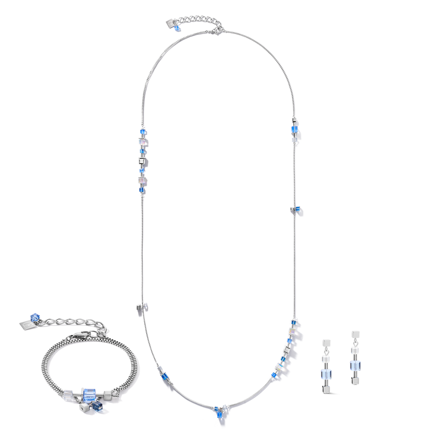 Necklace GeoCUBE® chain long stainless steel & Crystals silver-blue