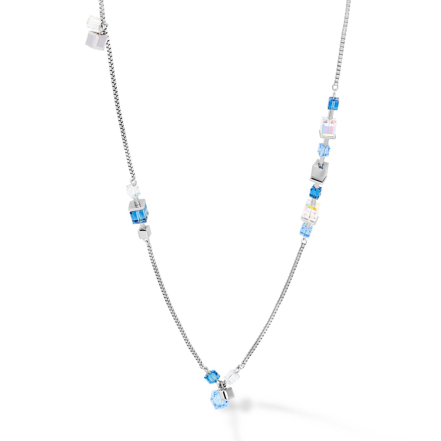 Necklace GeoCUBE® chain long stainless steel & Crystals silver-blue