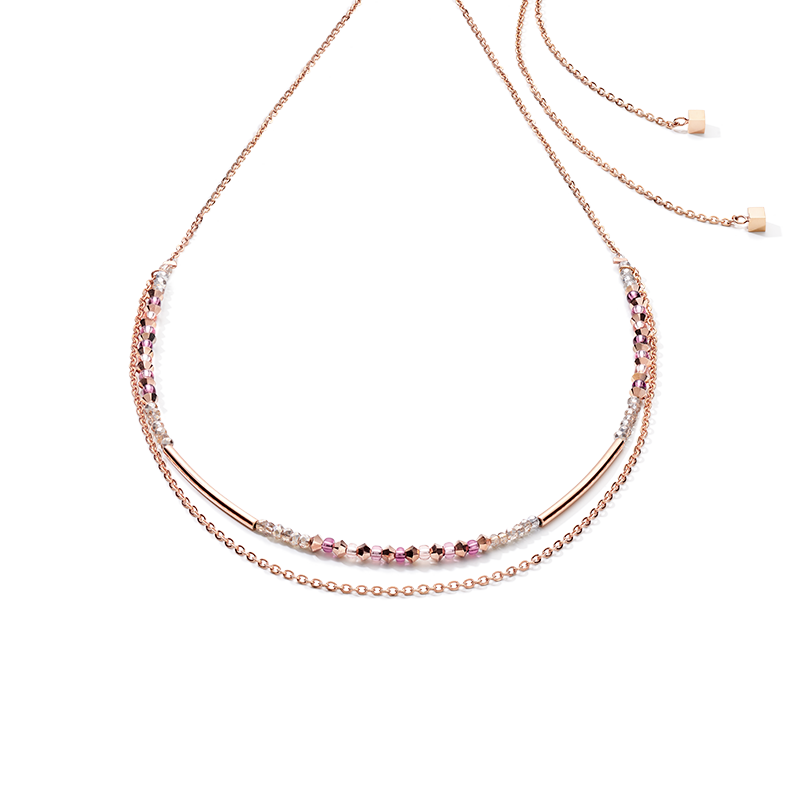 Necklace 2-layers fine crystals & stainless steel rose gold lilac