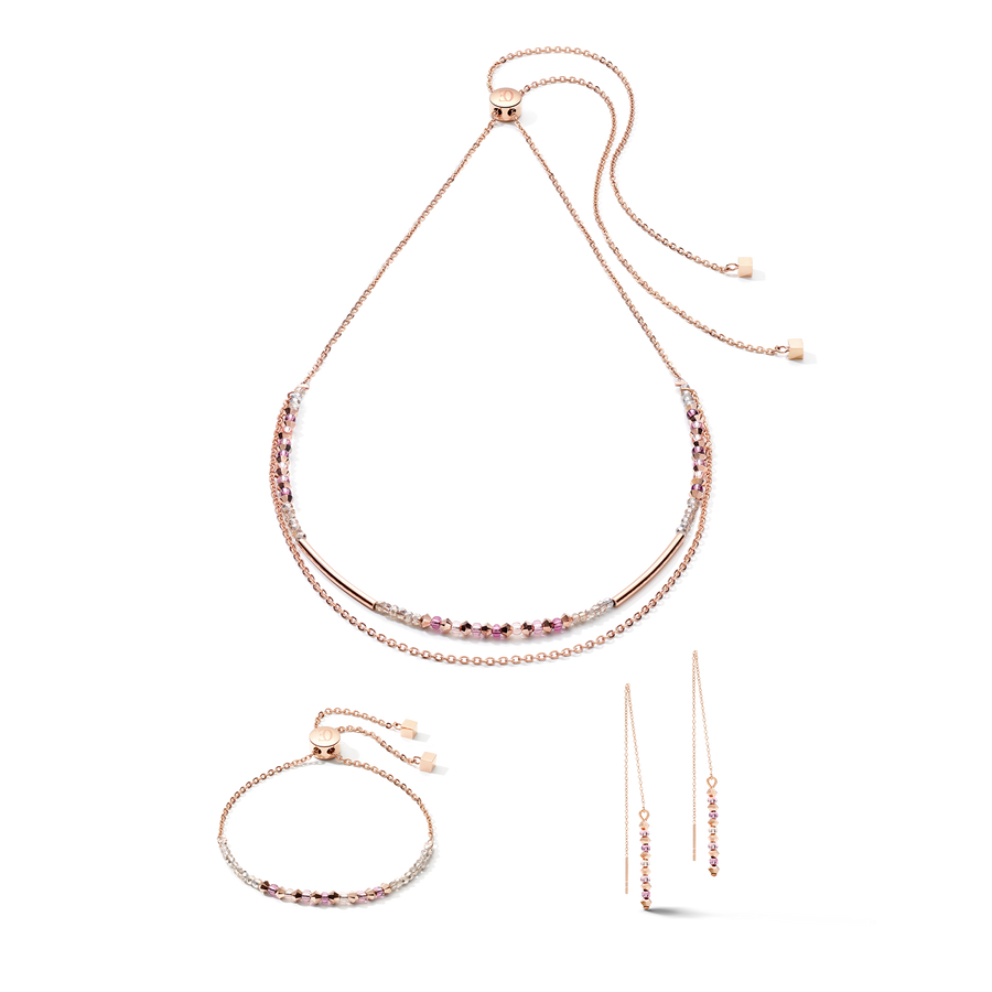 Necklace 2-layers fine crystals & stainless steel rose gold lilac