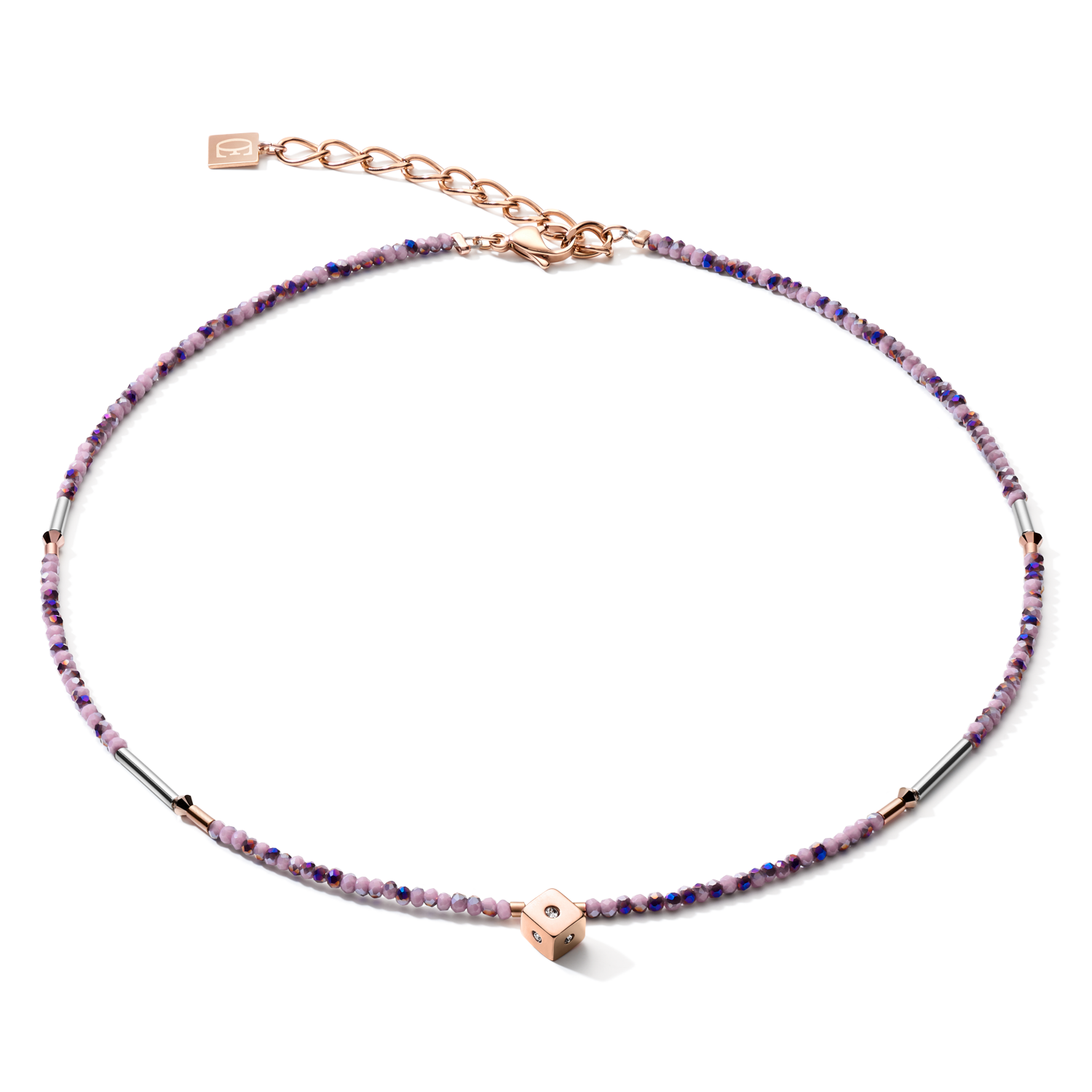 Necklace Cube Crystal Dot stainless steel & crystal glass light amethyst-pink gold