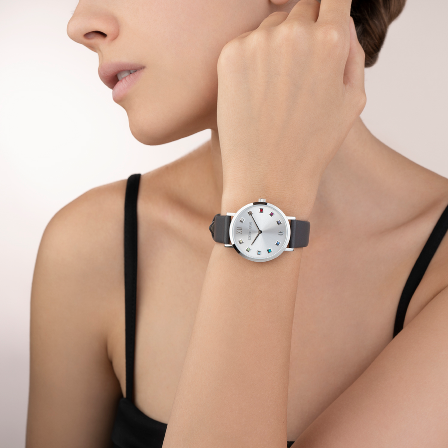 Watch Round Silver Sunray Bracelet Leather Anthracite