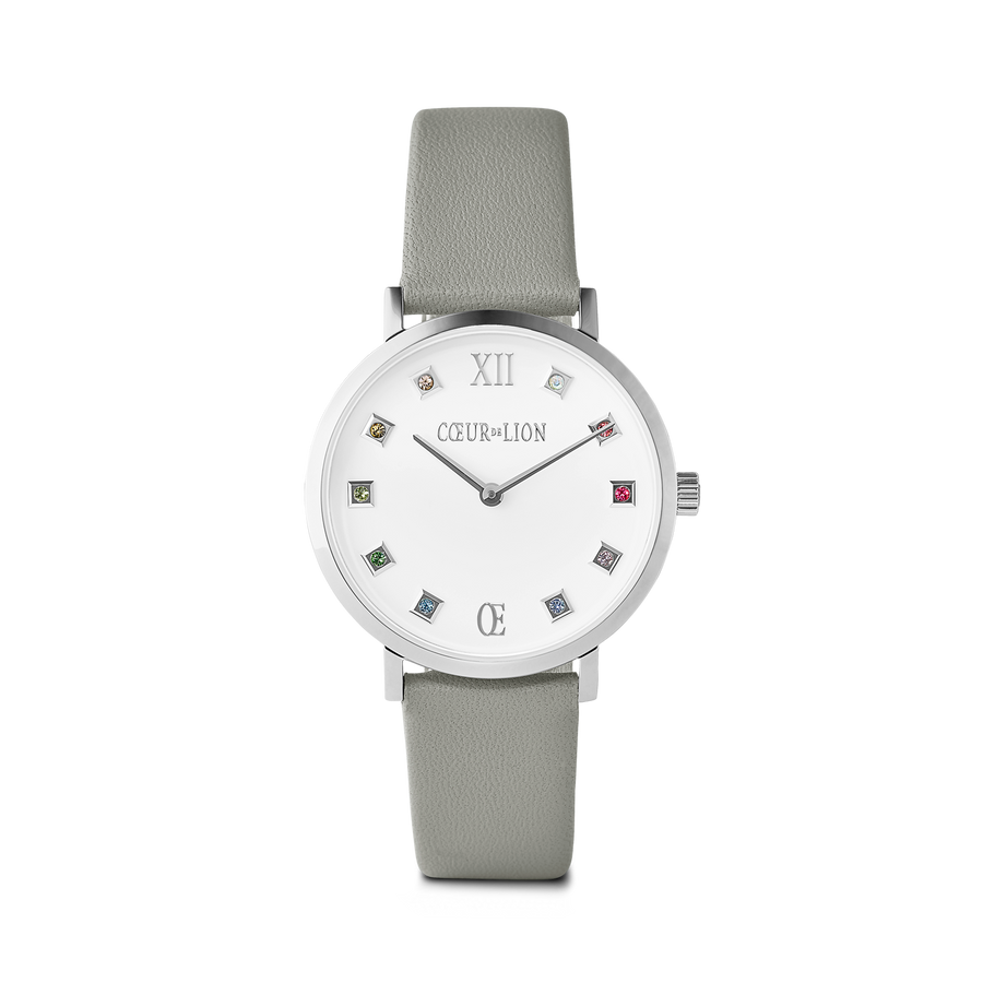 Watch Round Brilliant White Bracelet Leather Light Grey