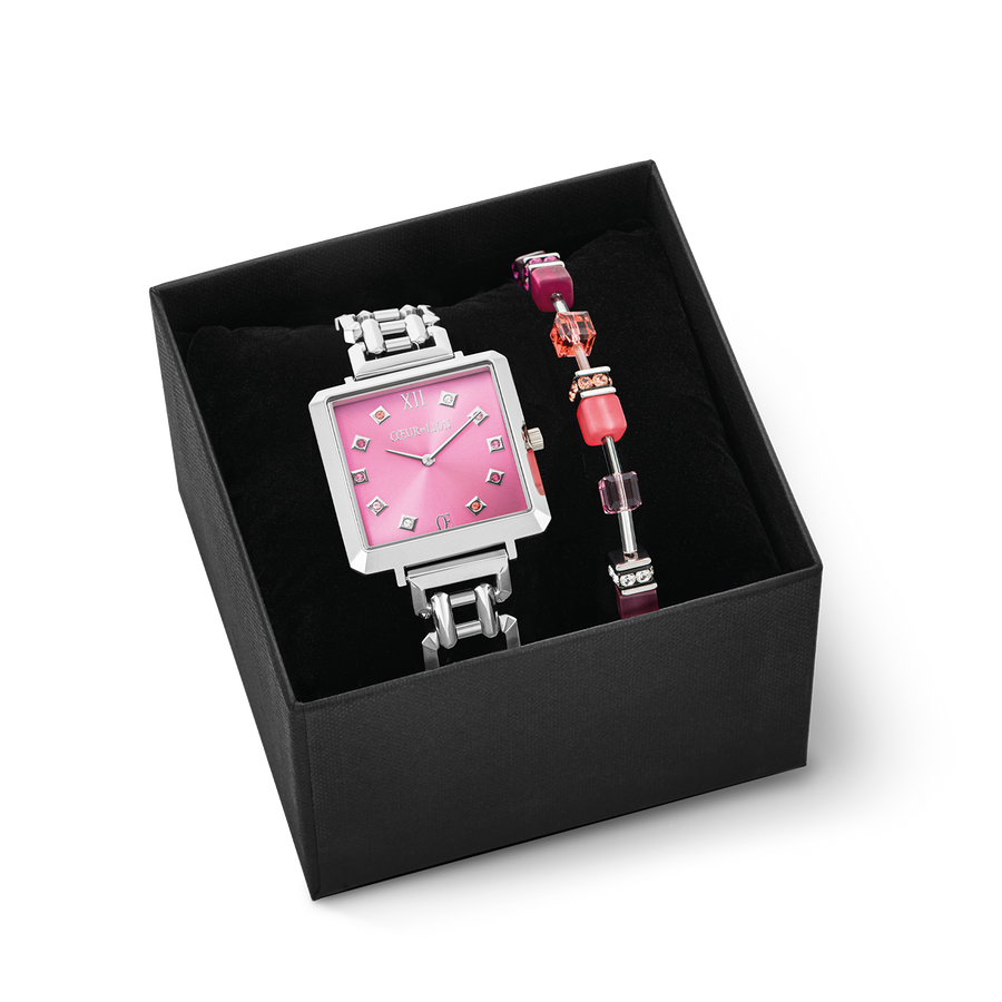 Gift Set Watch Iconic Cube Viva Magenta silver & GeoCUBE® Iconic Bracelet Viva Magenta