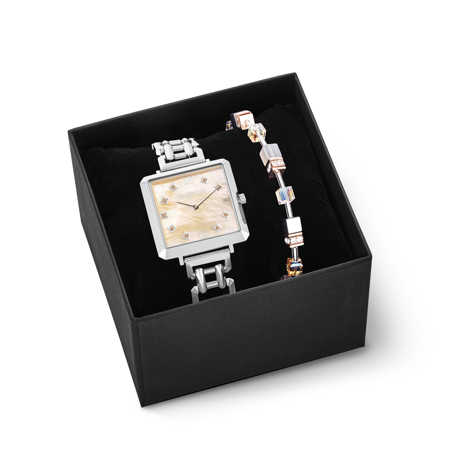 Gift Set Watch Iconic Cube Apricot Crush Silver & GeoCUBE® Iconic bracelet Apricot Crush