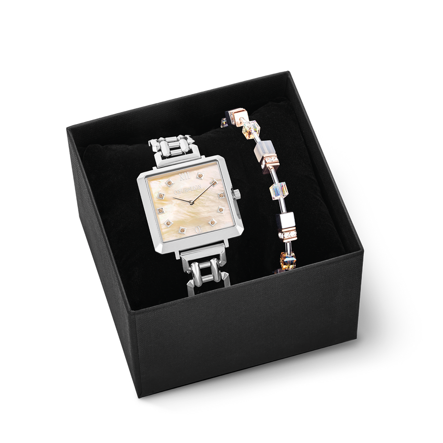 Gift Set Watch Iconic Cube Apricot Crush Silver & GeoCUBE® Iconic bracelet Apricot Crush